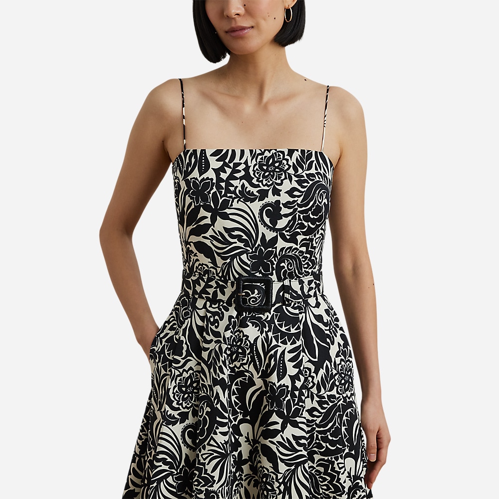 Floral Belted Faille Cocktail Dress - Cream/Black