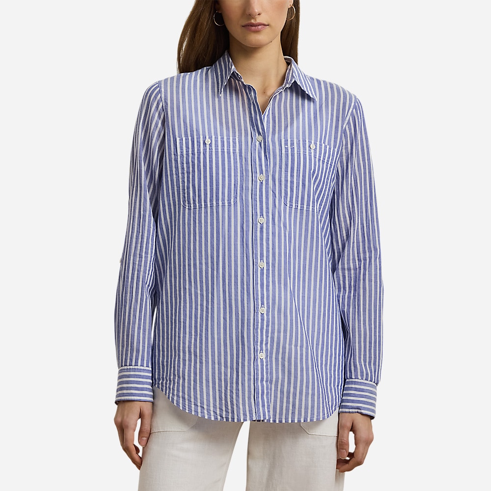 Relaxed Fit Voile Roll-Tab-Sleeve Shirt - Blue/White