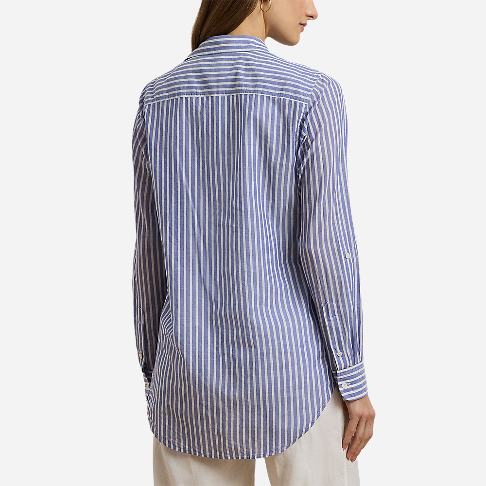 Relaxed Fit Voile Roll-Tab-Sleeve Shirt - Blue/White