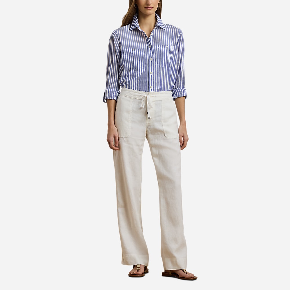 Relaxed Fit Voile Roll-Tab-Sleeve Shirt - Blue/White