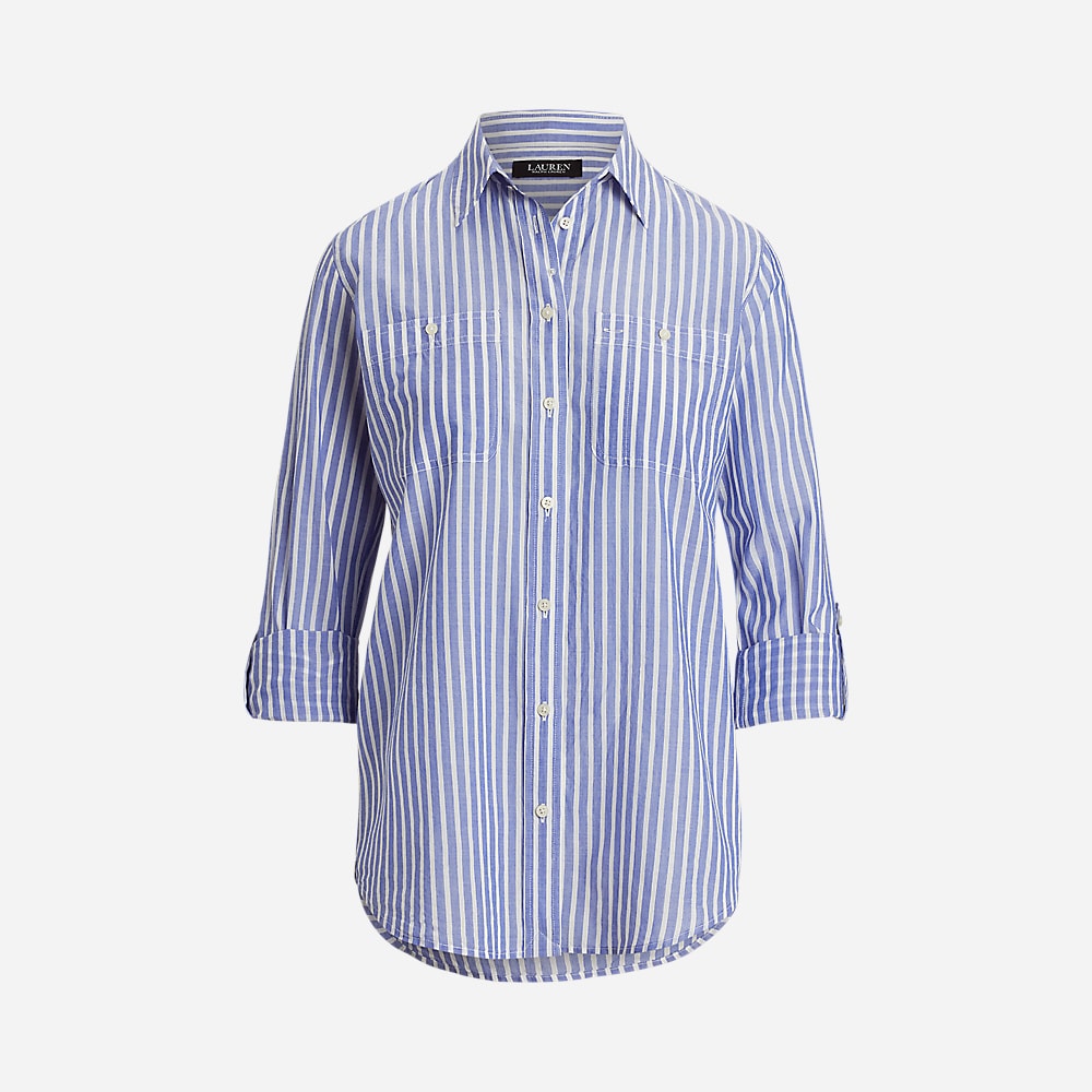 Relaxed Fit Voile Roll-Tab-Sleeve Shirt - Blue/White