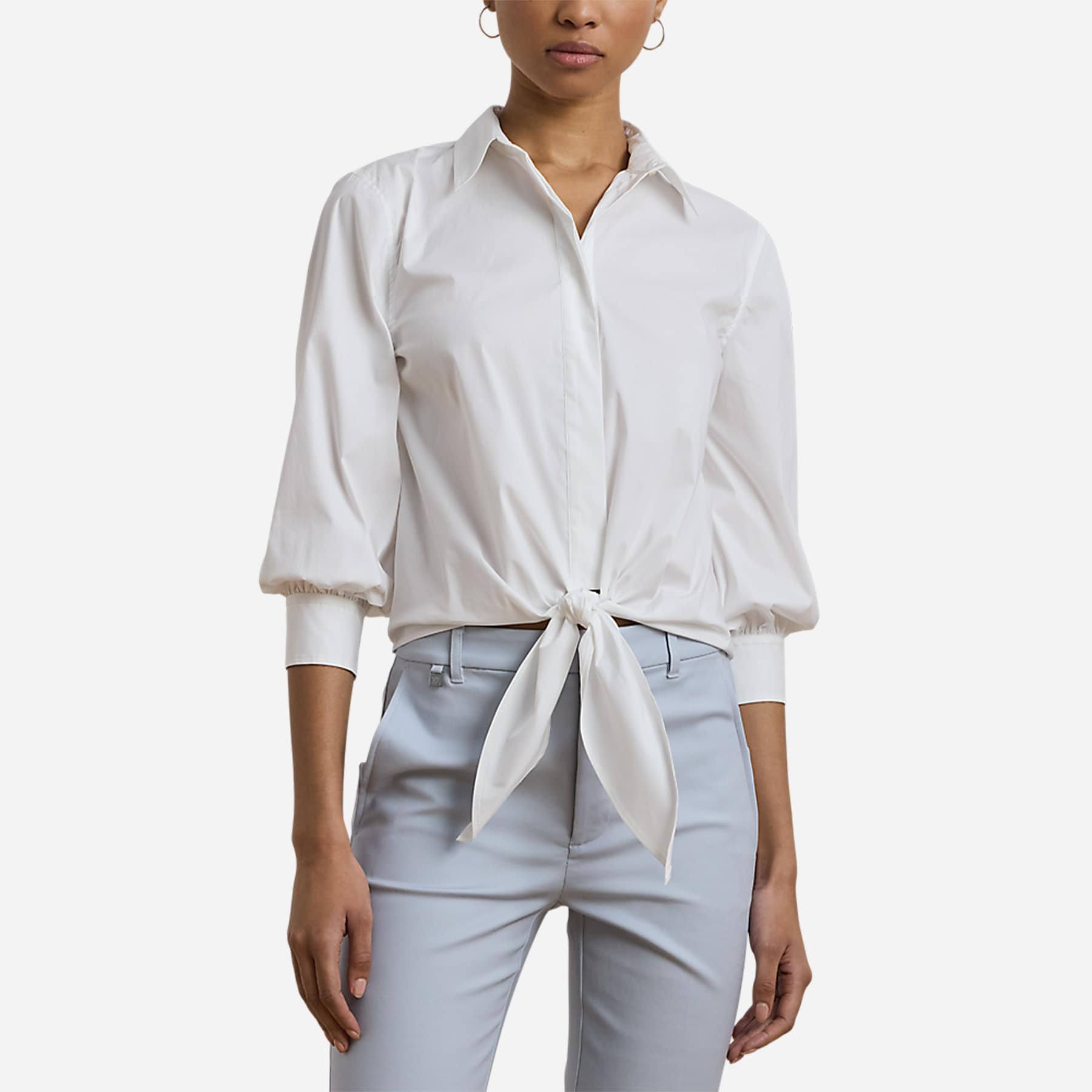 Tie-Waist Stretch-Cotton Blend Shirt - White