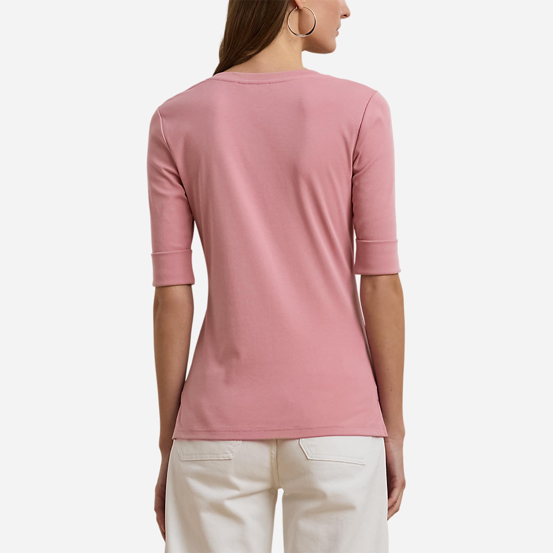Stretch Cotton Elbow-Sleeve V-Neck Tee - Rose Mauve