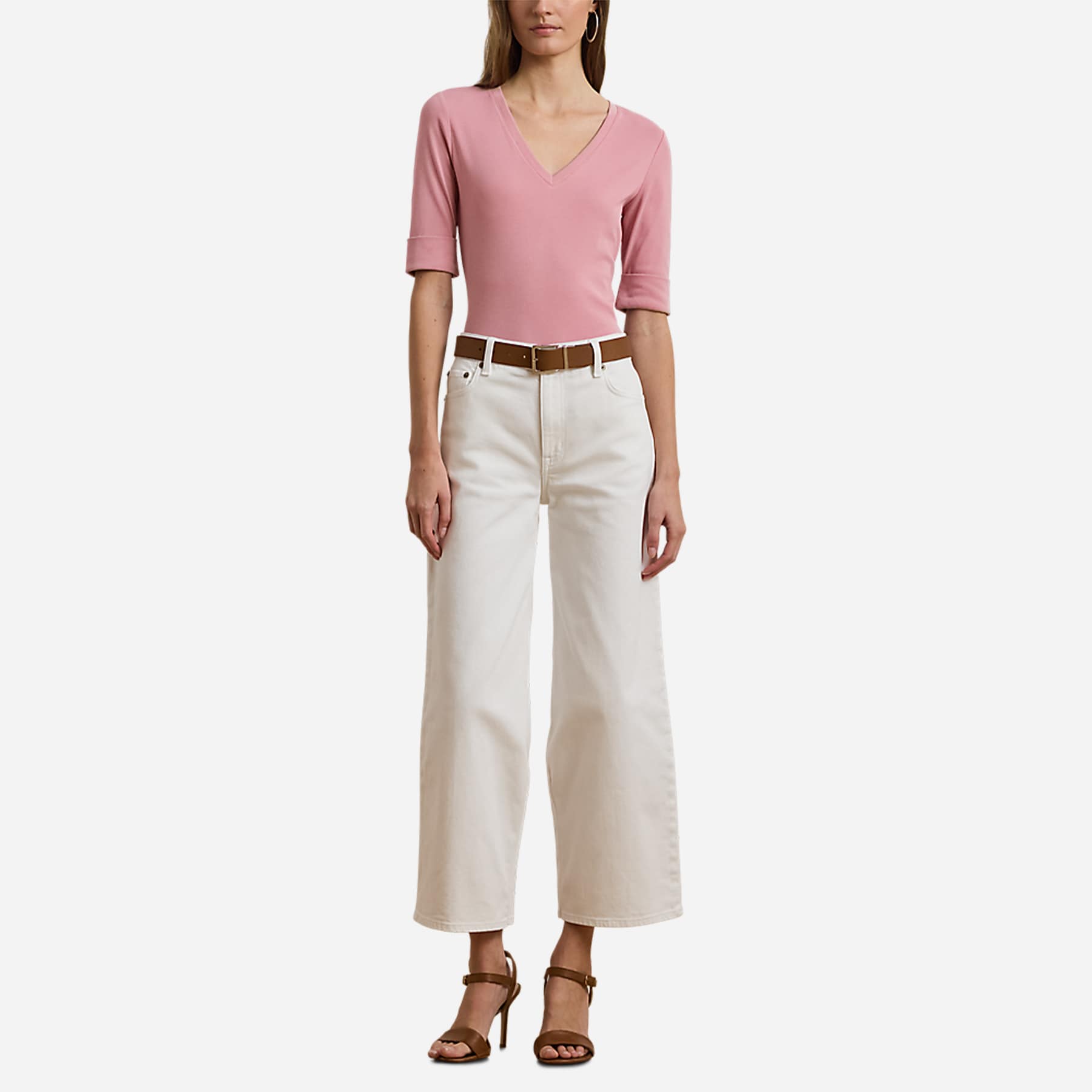 Stretch Cotton Elbow-Sleeve V-Neck Tee - Rose Mauve