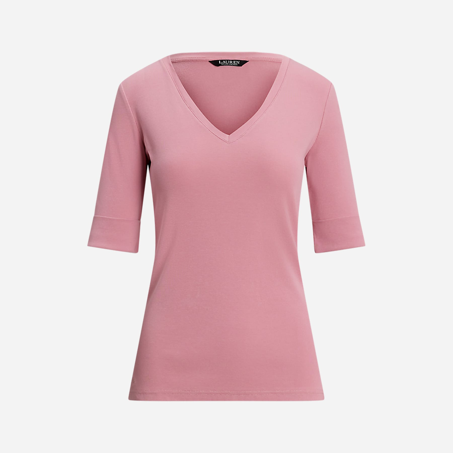 Stretch Cotton Elbow-Sleeve V-Neck Tee - Rose Mauve