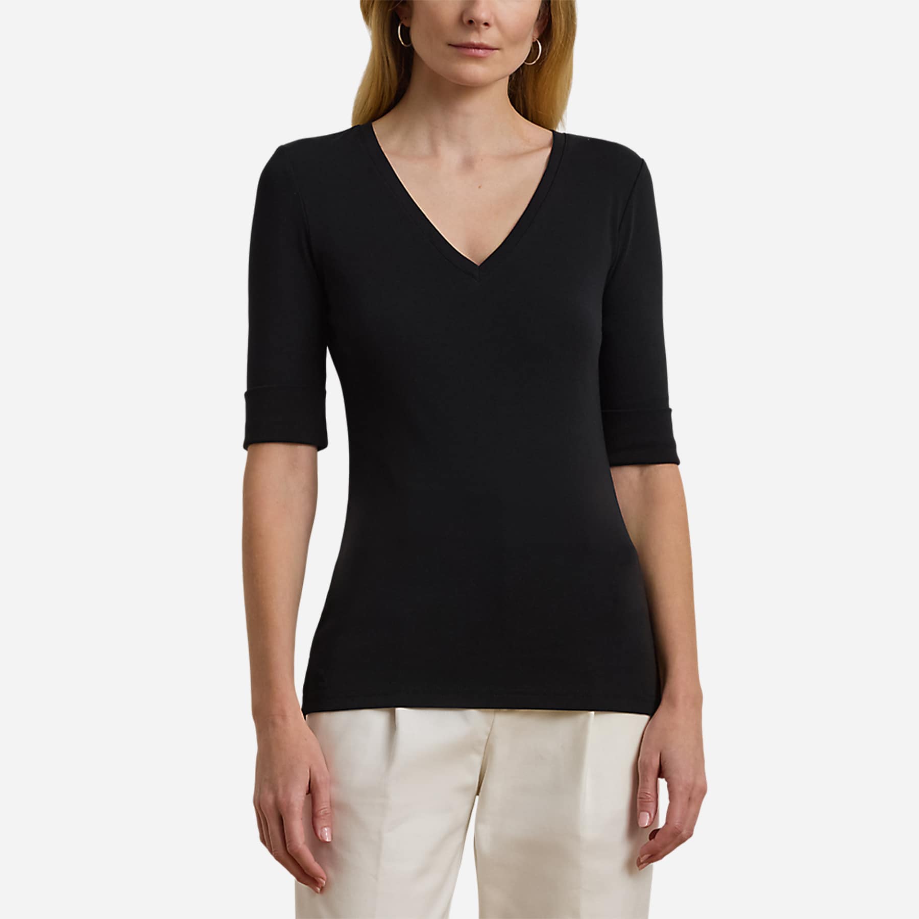 Stretch Cotton Elbow-Sleeve V-Neck Tee - Black