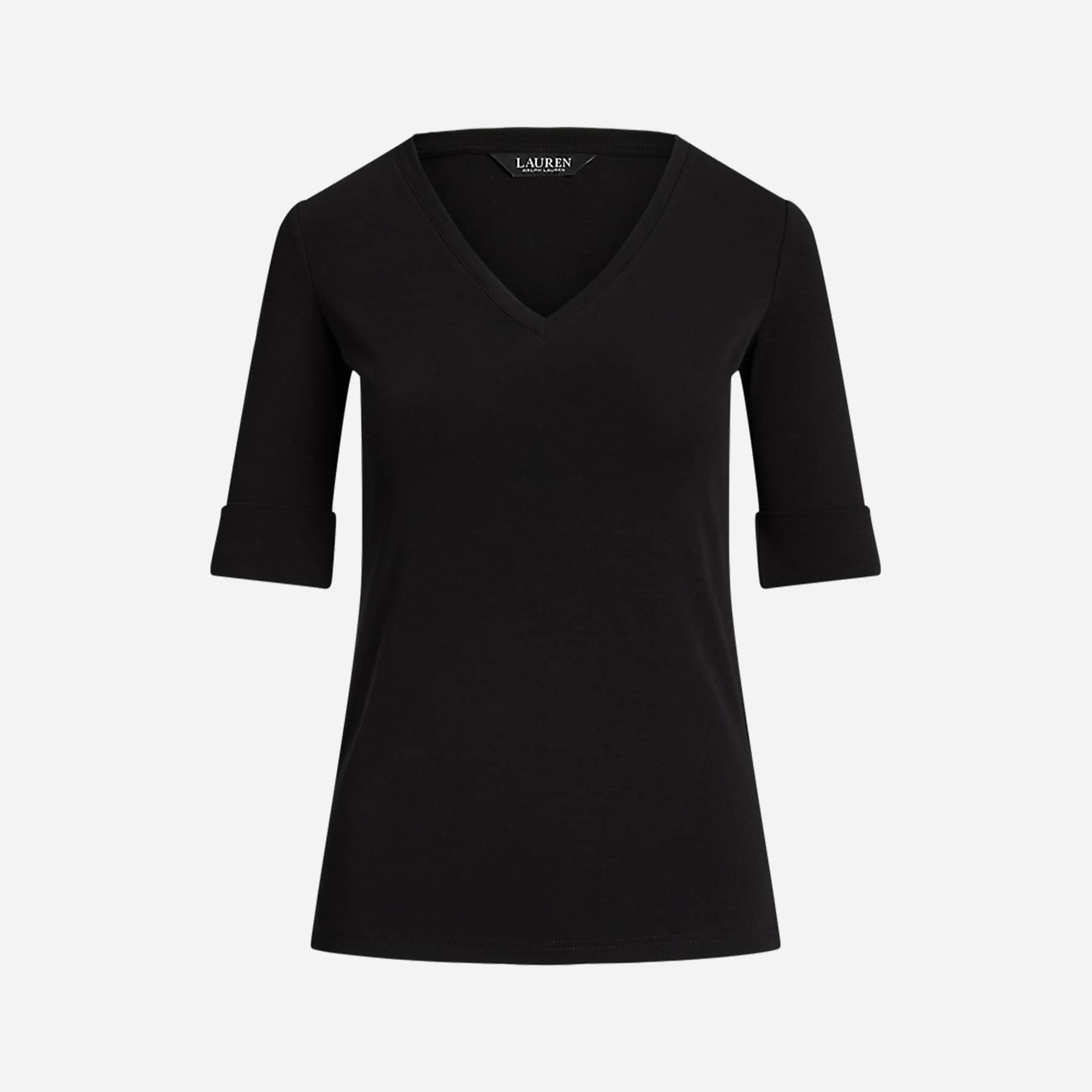 Stretch Cotton Elbow-Sleeve V-Neck Tee - Black