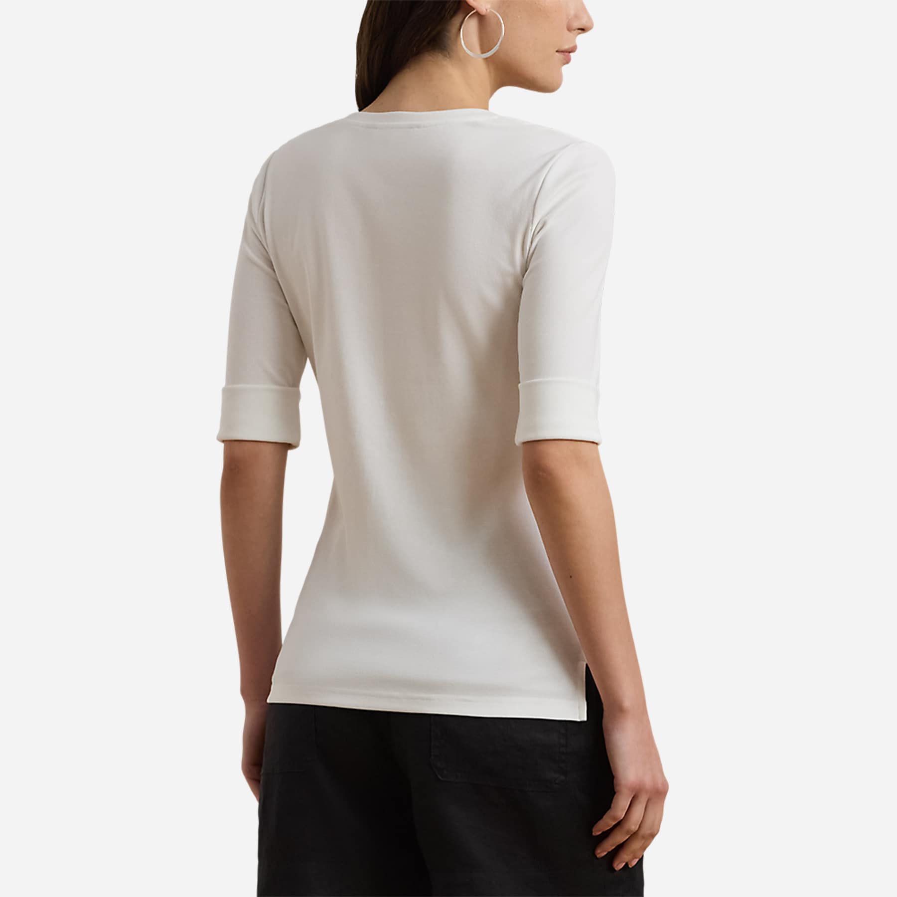 Stretch Cotton Elbow-Sleeve V-Neck Tee - White