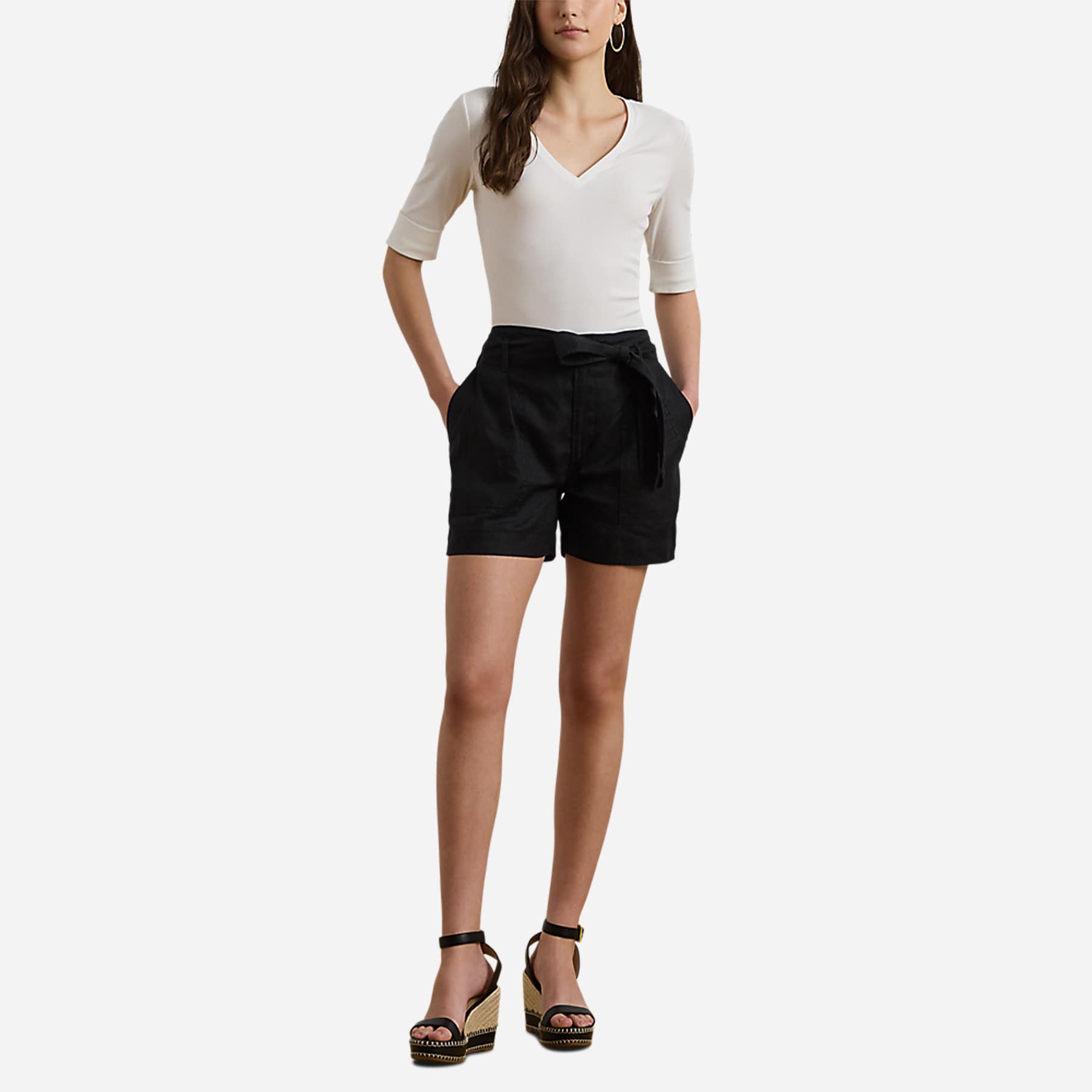 Stretch Cotton Elbow-Sleeve V-Neck Tee - White