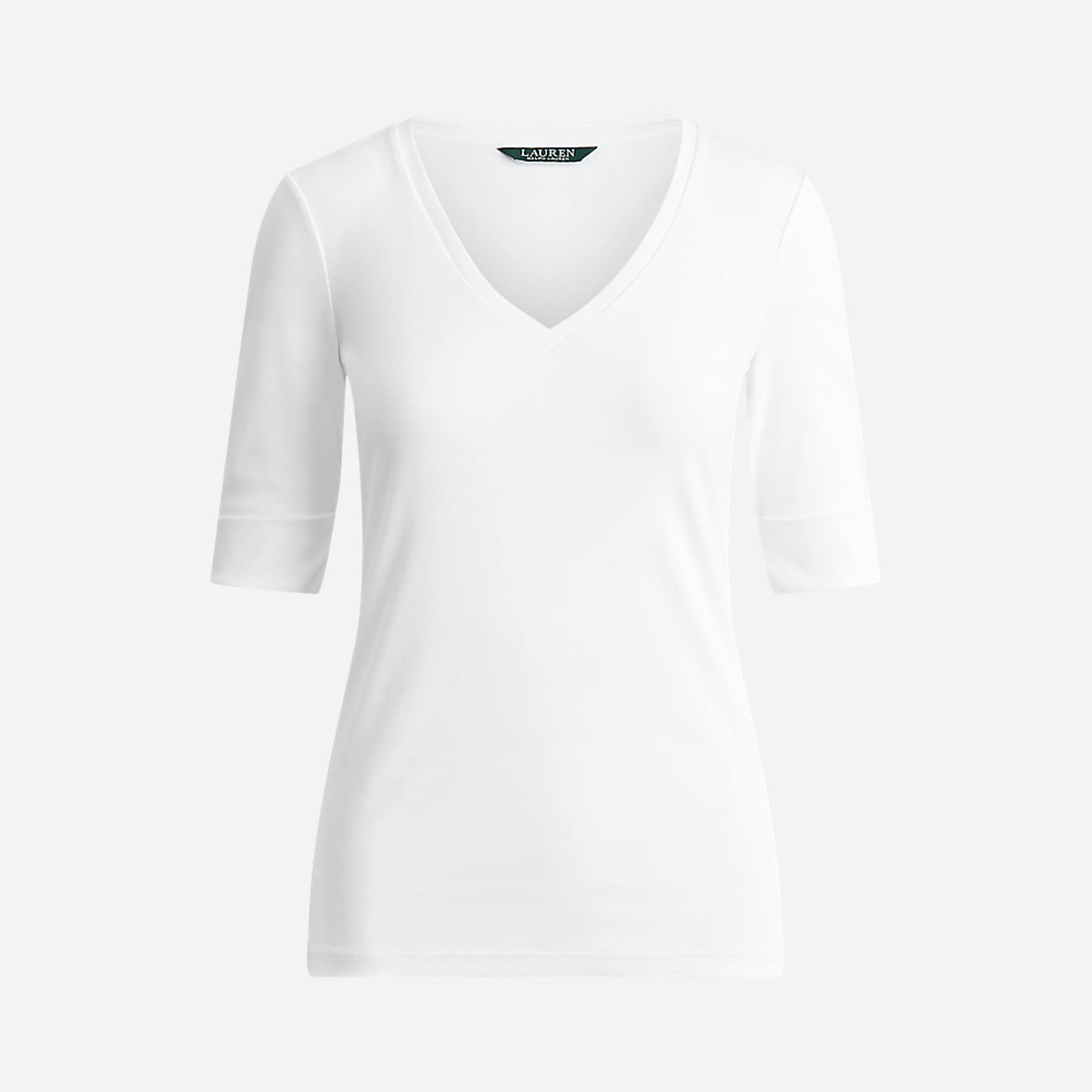 Stretch Cotton Elbow-Sleeve V-Neck Tee - White