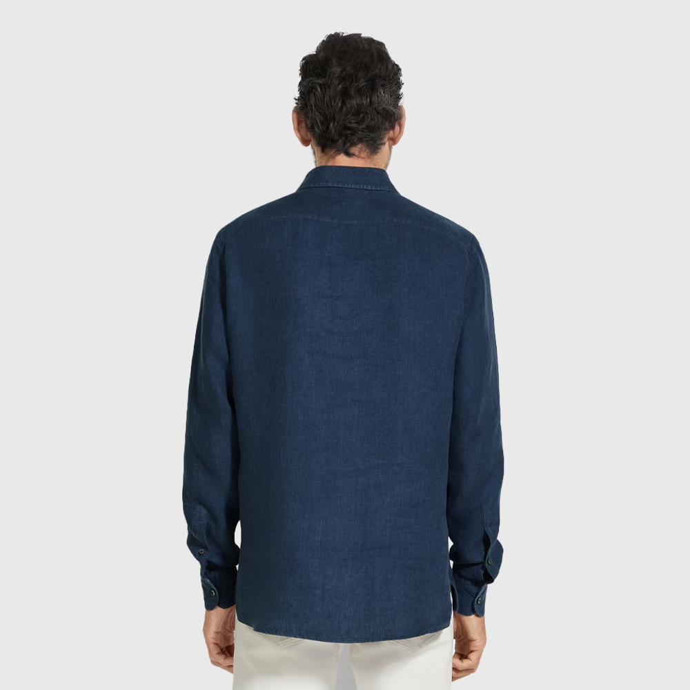Oasi Popover Linen Shirt - Dark Blue Solid