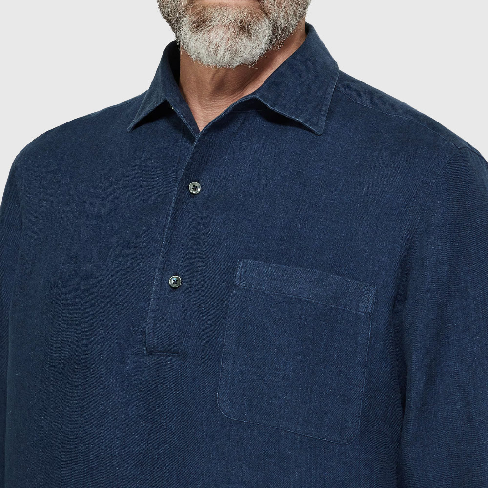 Oasi Popover Linen Shirt - Dark Blue Solid