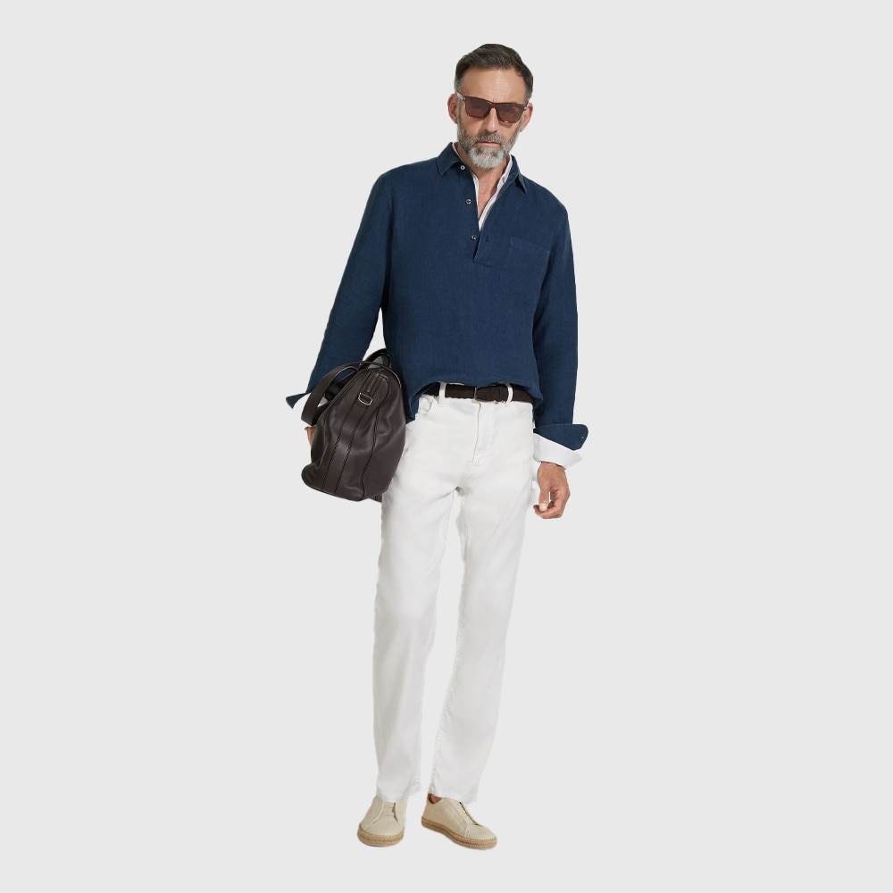 Oasi Popover Linen Shirt - Dark Blue Solid