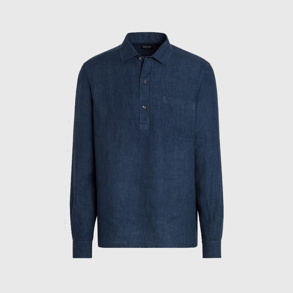 Oasi Popover Linen Shirt - Dark Blue Solid