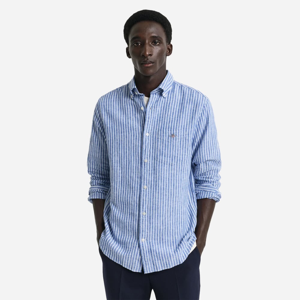 Regular Cotton Linen Stripe Shirt - Rich Blue