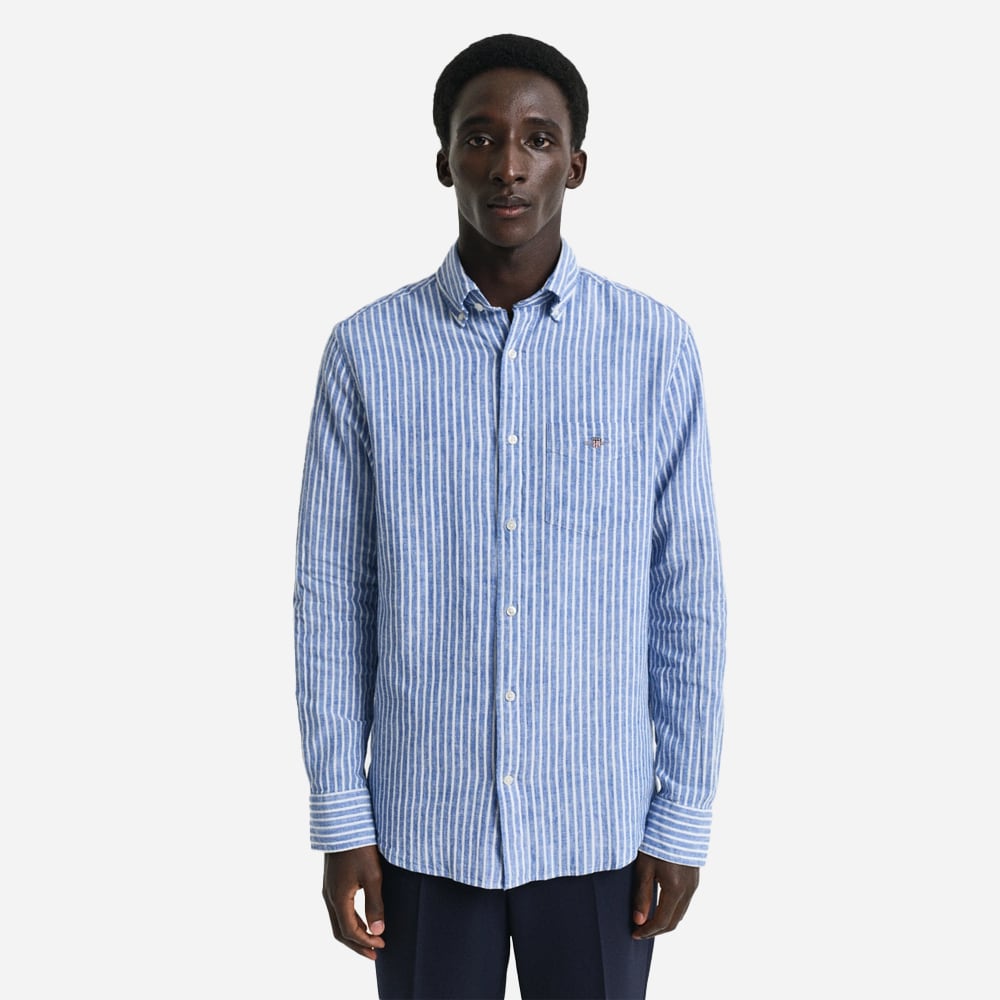 Regular Cotton Linen Stripe Shirt - Rich Blue