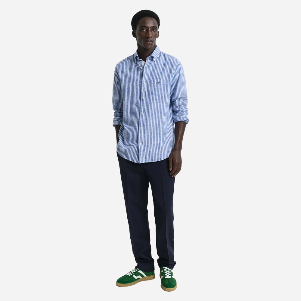 Regular Cotton Linen Stripe Shirt - Rich Blue