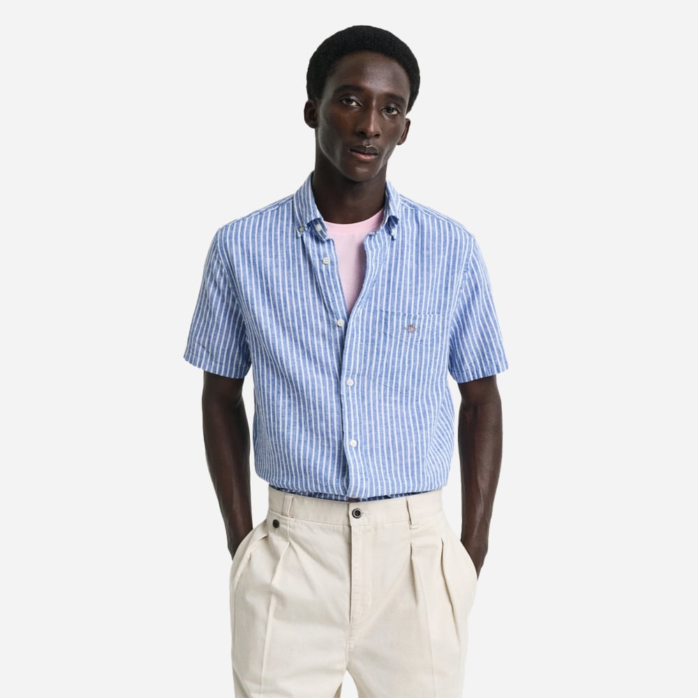 Regular Cotton Linen Stripe Short Sleeve Shirt - Rich Blue
