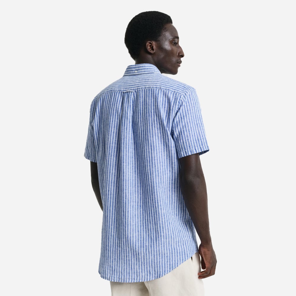 Regular Cotton Linen Stripe Short Sleeve Shirt - Rich Blue