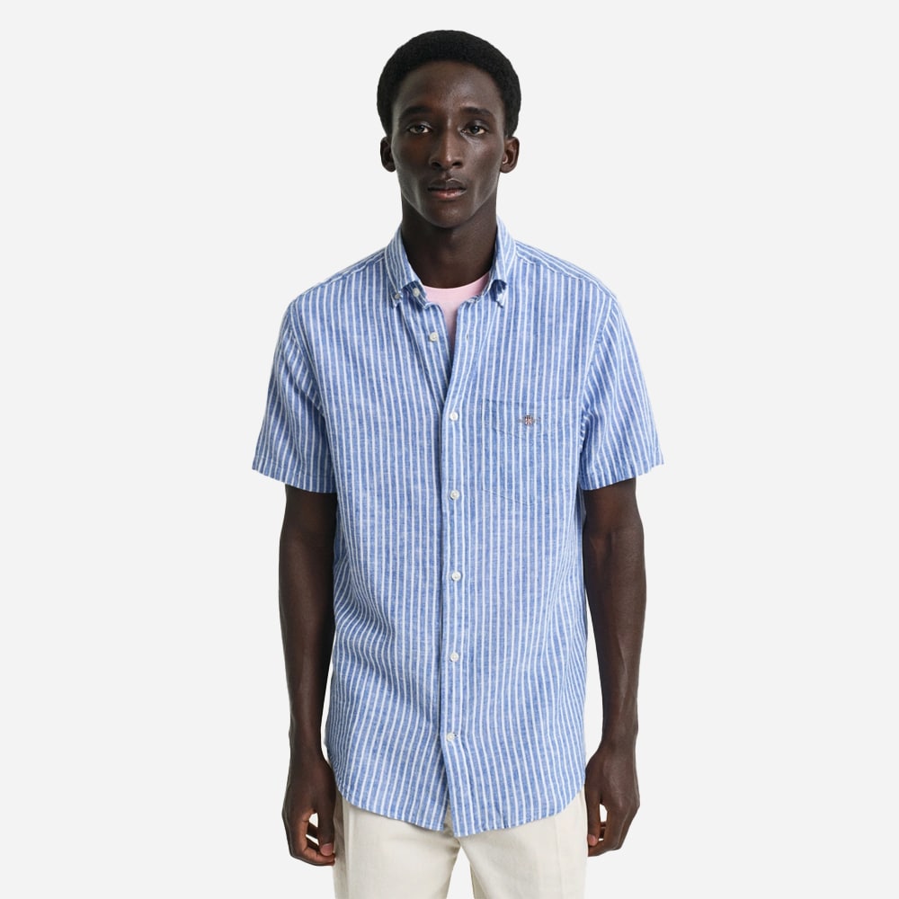 Regular Cotton Linen Stripe Short Sleeve Shirt - Rich Blue