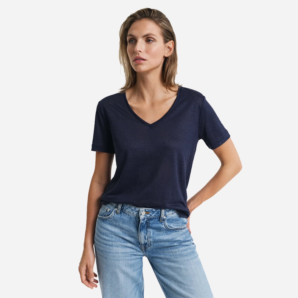 Linen V-Neck Short Sleeve T-Shirt - Evening Blue