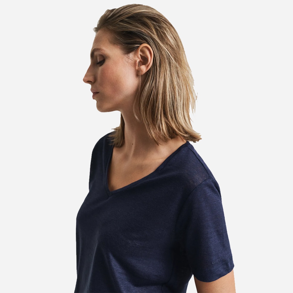 Linen V-Neck Short Sleeve T-Shirt - Evening Blue