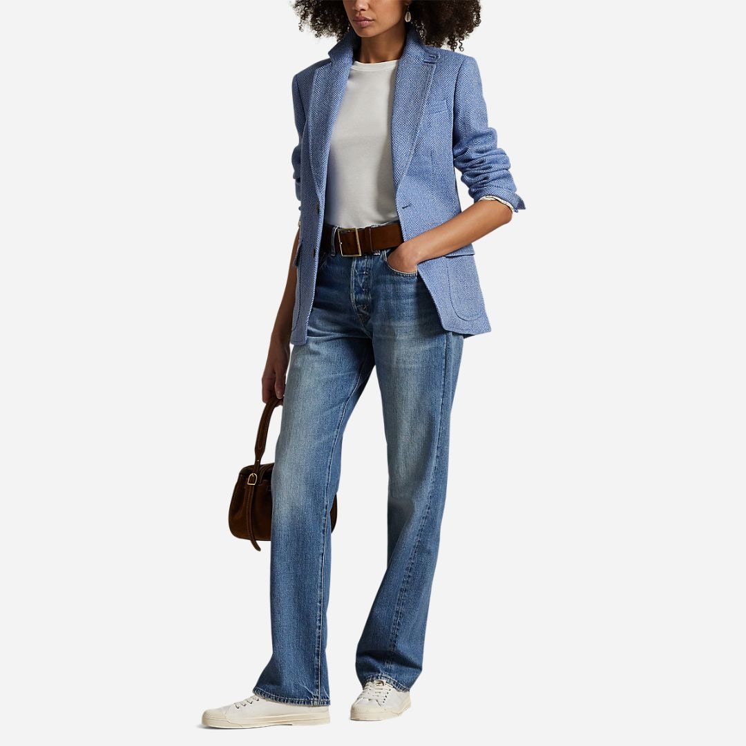Herringbone Linen-Blend Blazer - Blue Herringbone