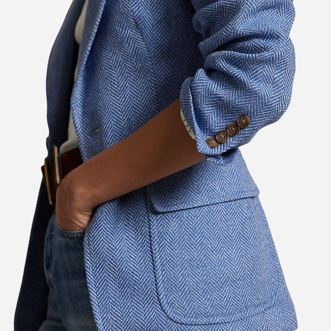 Herringbone Linen-Blend Blazer - Blue Herringbone