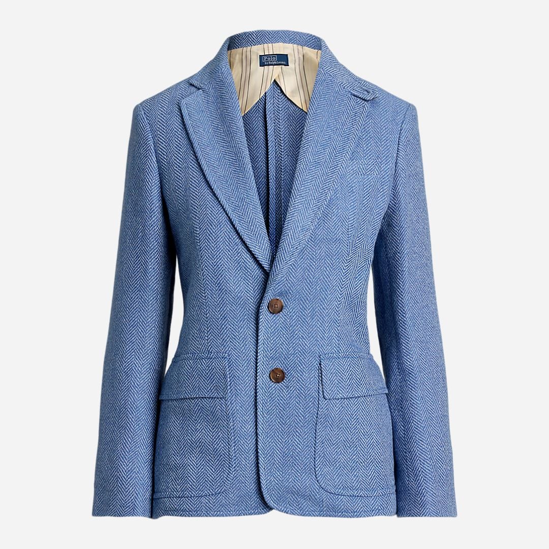 Herringbone Linen-Blend Blazer - Blue Herringbone