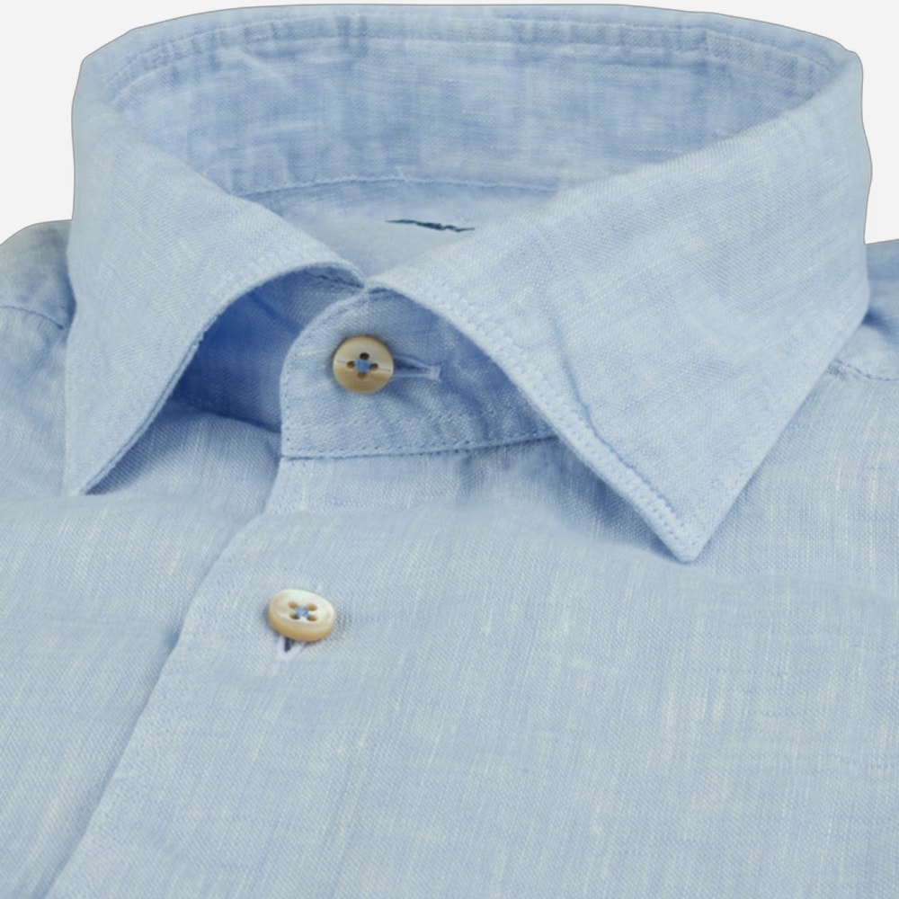 Fitted Body Short Sleeve Linen Shirt - Light Blue