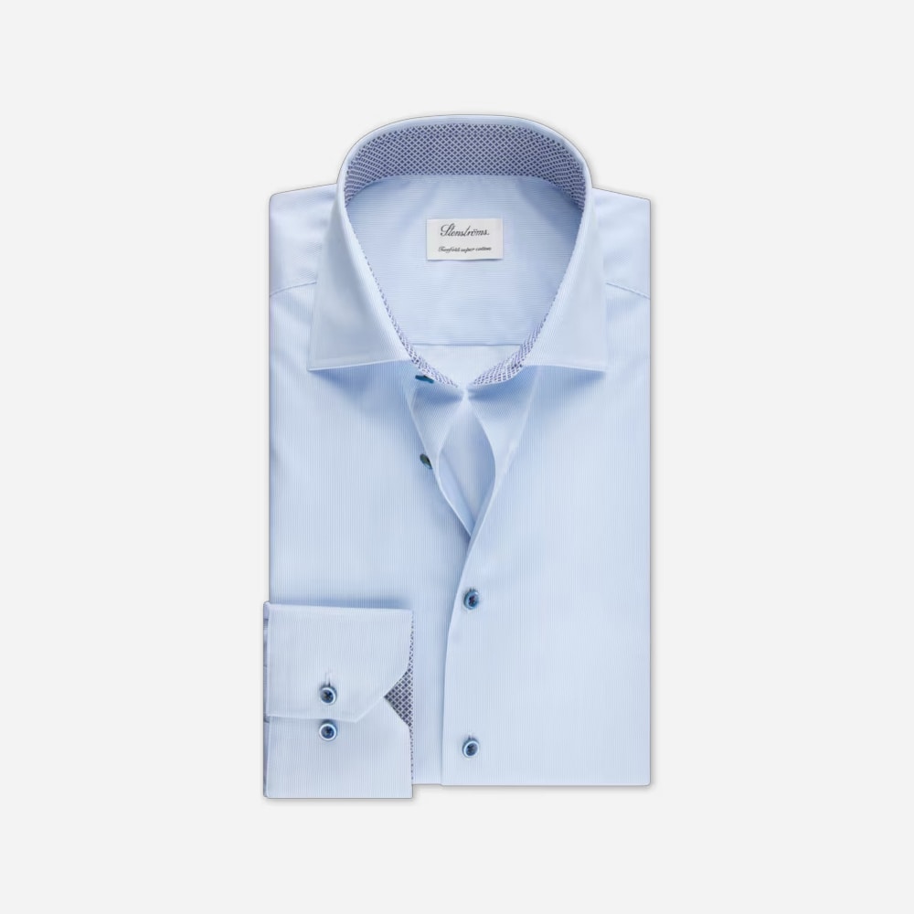 Slimline Contrast Twill Shirt - Light Blue Stripe