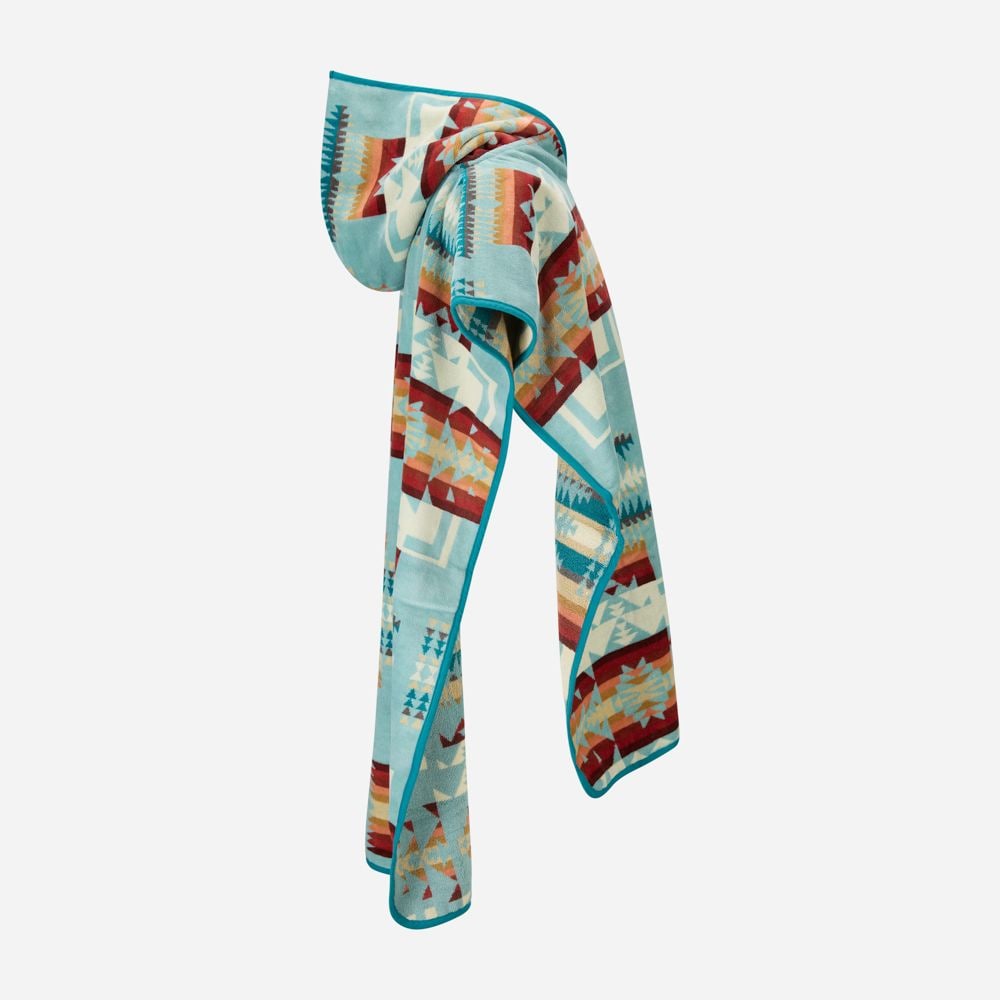Tween Jacquard Hooded Towel - Chief Joseph Aqua