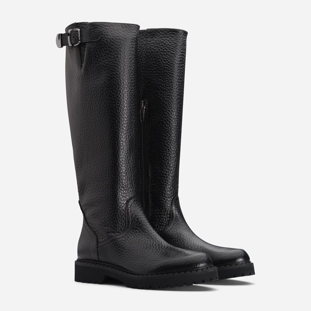 High Leather Boots W/Buckle - Alce Black