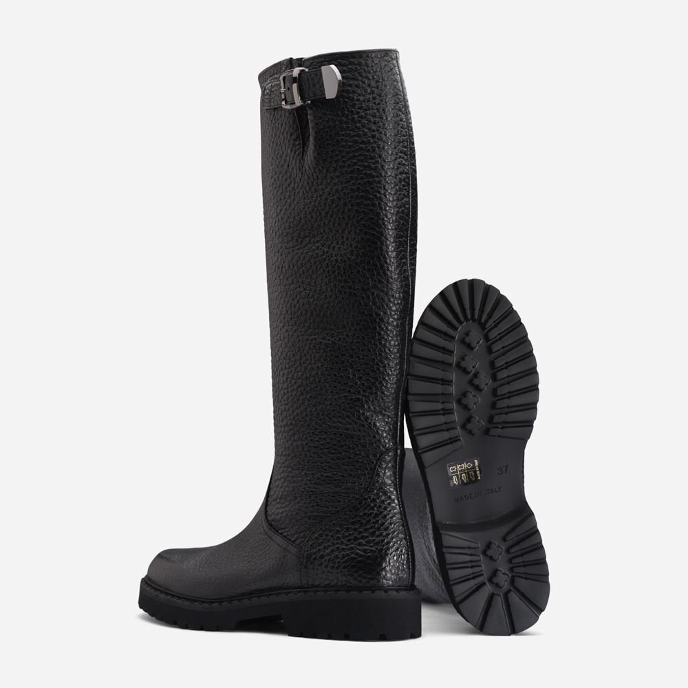 High Leather Boots W/Buckle - Alce Black