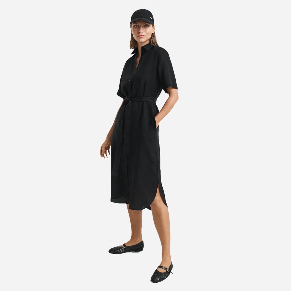 Linen Short-Sleeve Shirtdress - Black