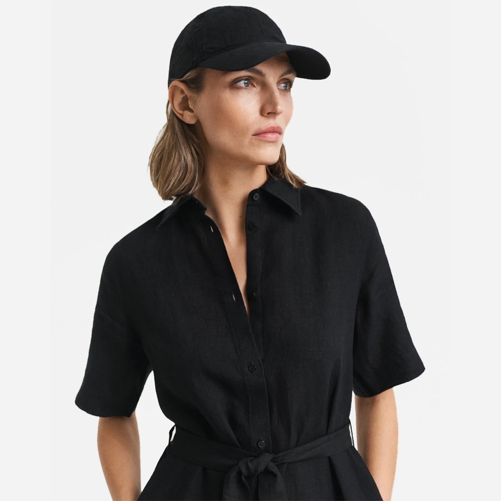 Linen Short-Sleeve Shirtdress - Black
