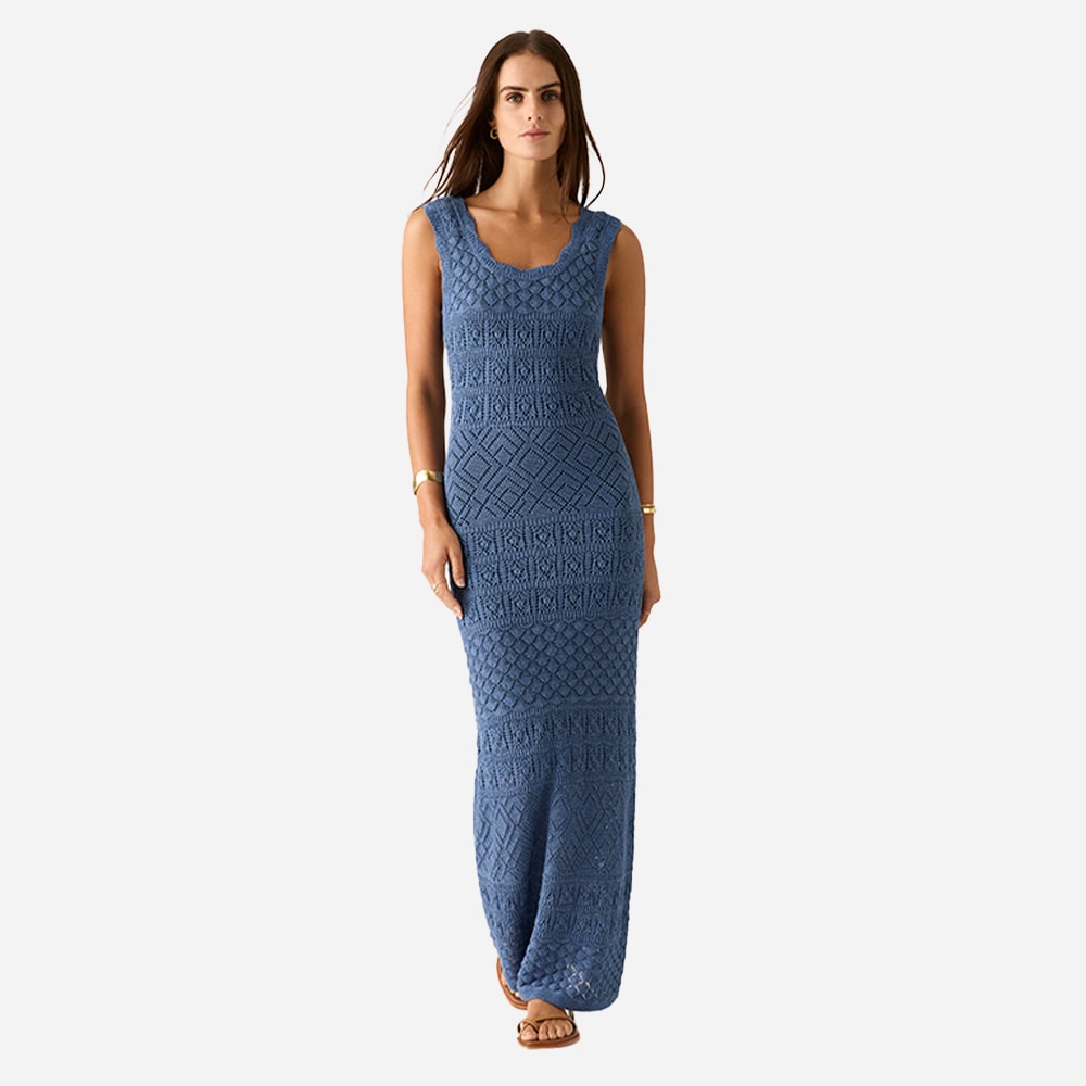 Bruna Pointelle Midi Dress - Harbour Blue