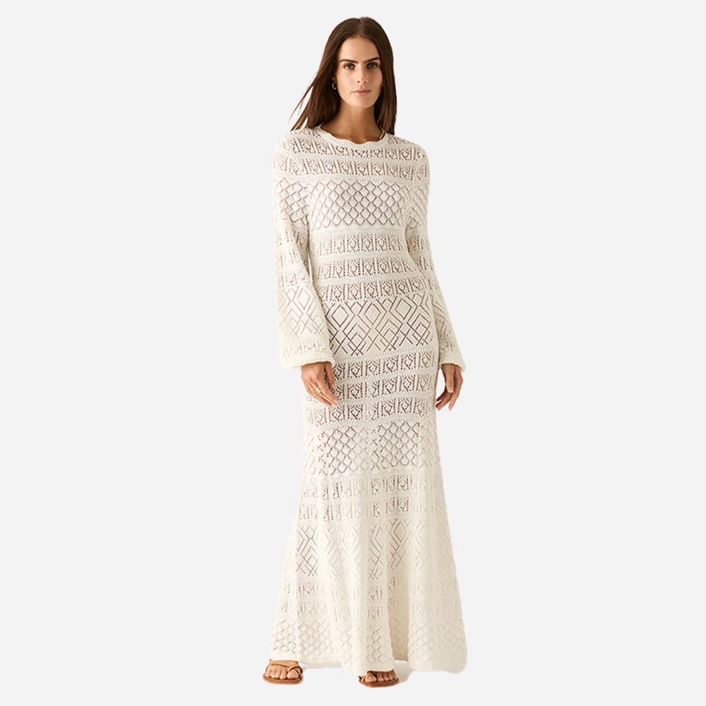 Bruna Pointelle Long Sleeve Dress - White Splash