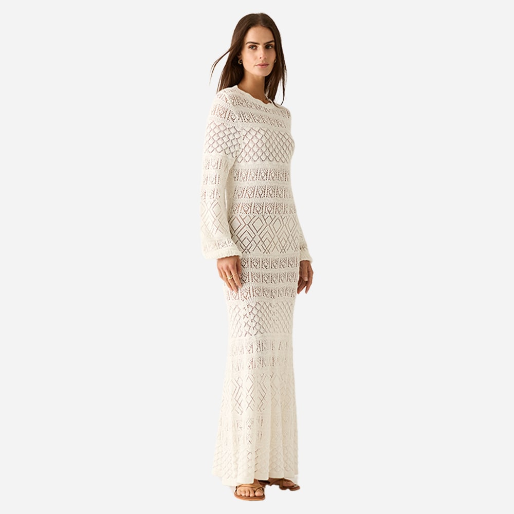 Bruna Pointelle Long Sleeve Dress - White Splash