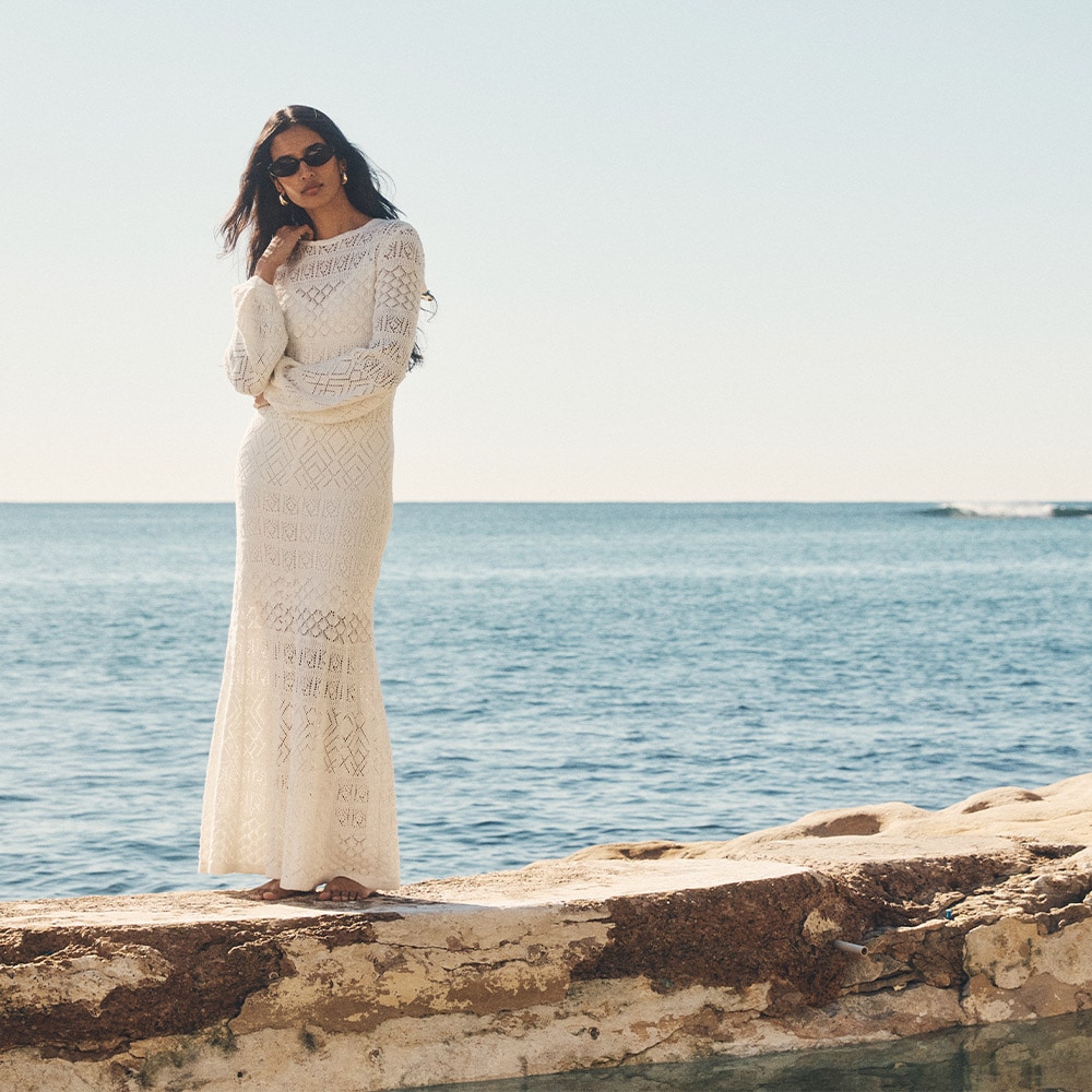 Bruna Pointelle Long Sleeve Dress - White Splash