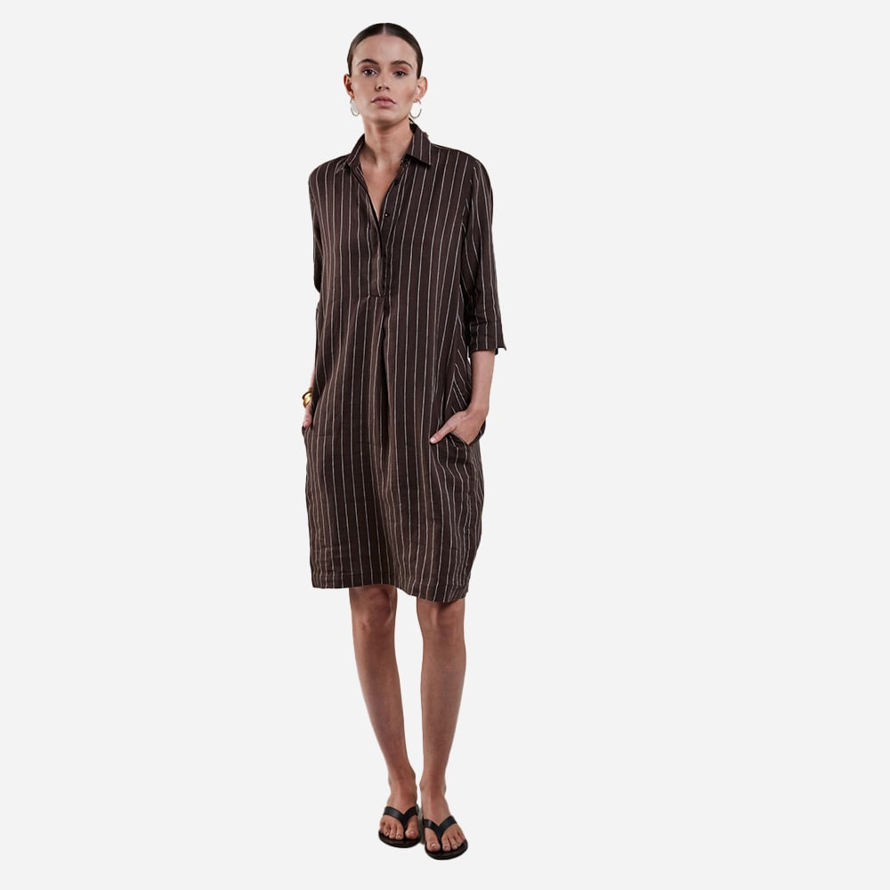 Aud Striped Poplin Dress - Dark Brown