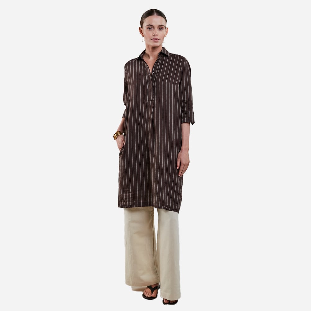 Aud Striped Poplin Dress - Dark Brown