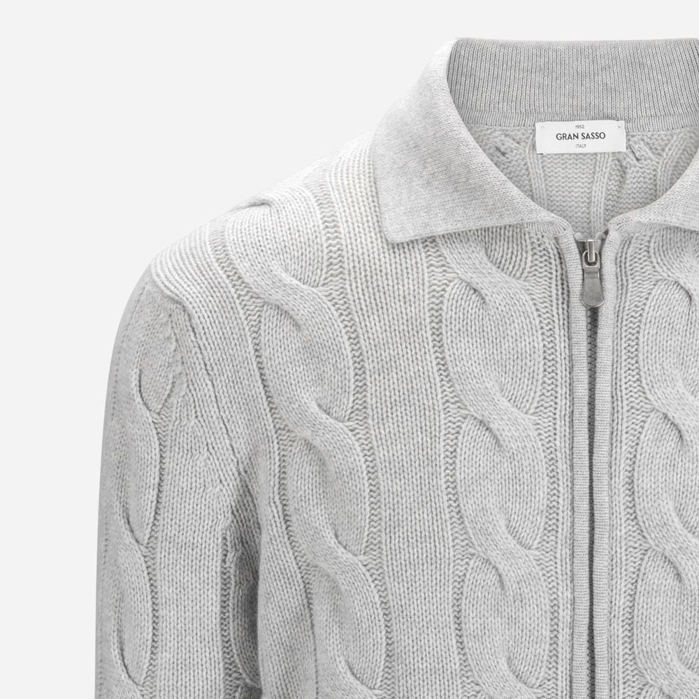 Full Zip Cabel Jacket With Collar Wool-Cashmere - Light Grey