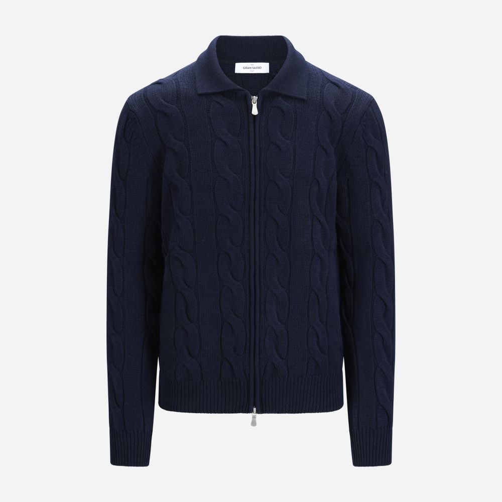 Full Zip Cabel Jacket With Collar Wool-Cashmere - Navy