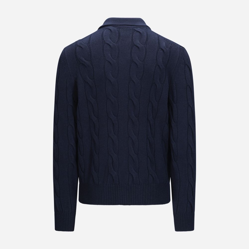 Full Zip Cabel Jacket With Collar Wool-Cashmere - Navy