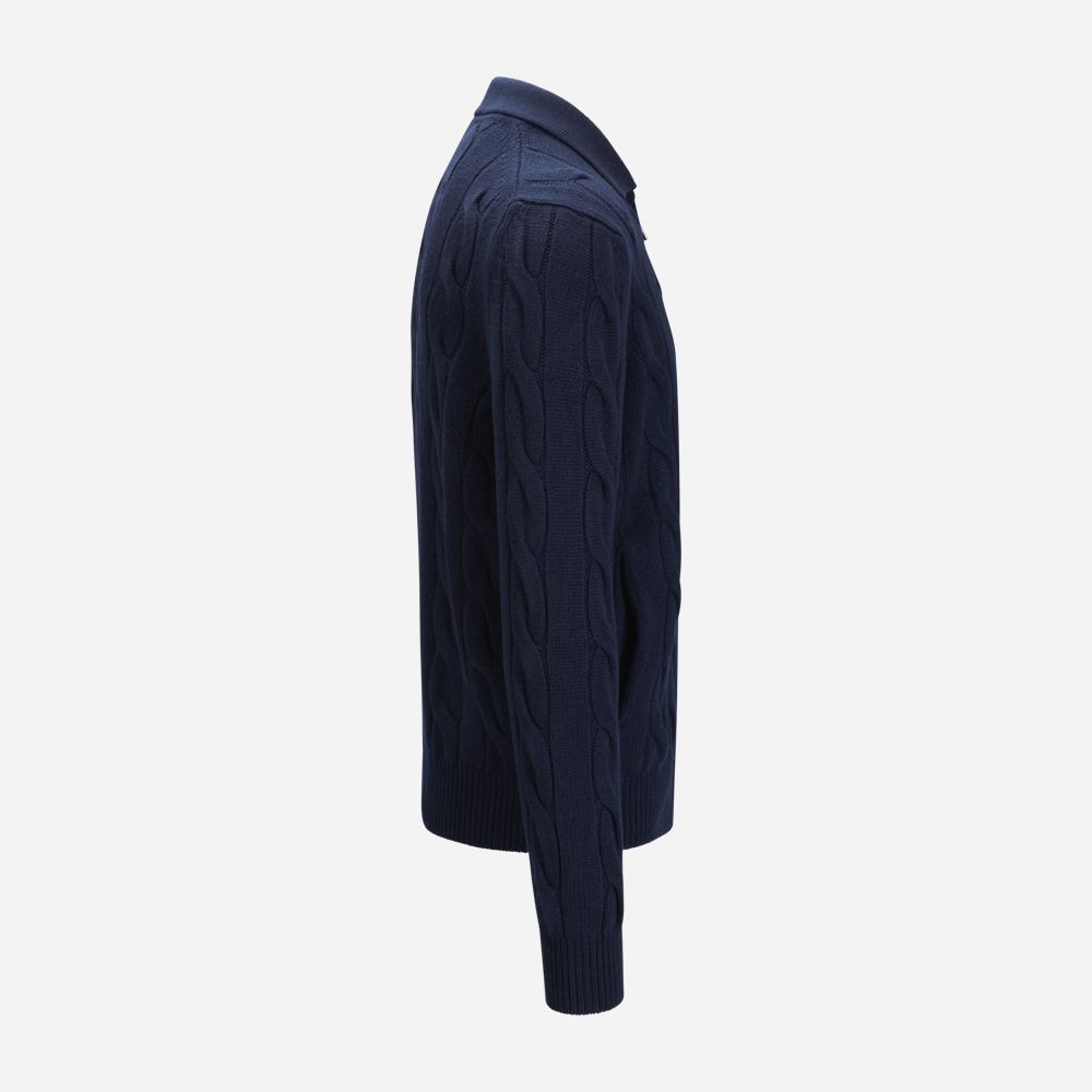 Full Zip Cabel Jacket With Collar Wool-Cashmere - Navy