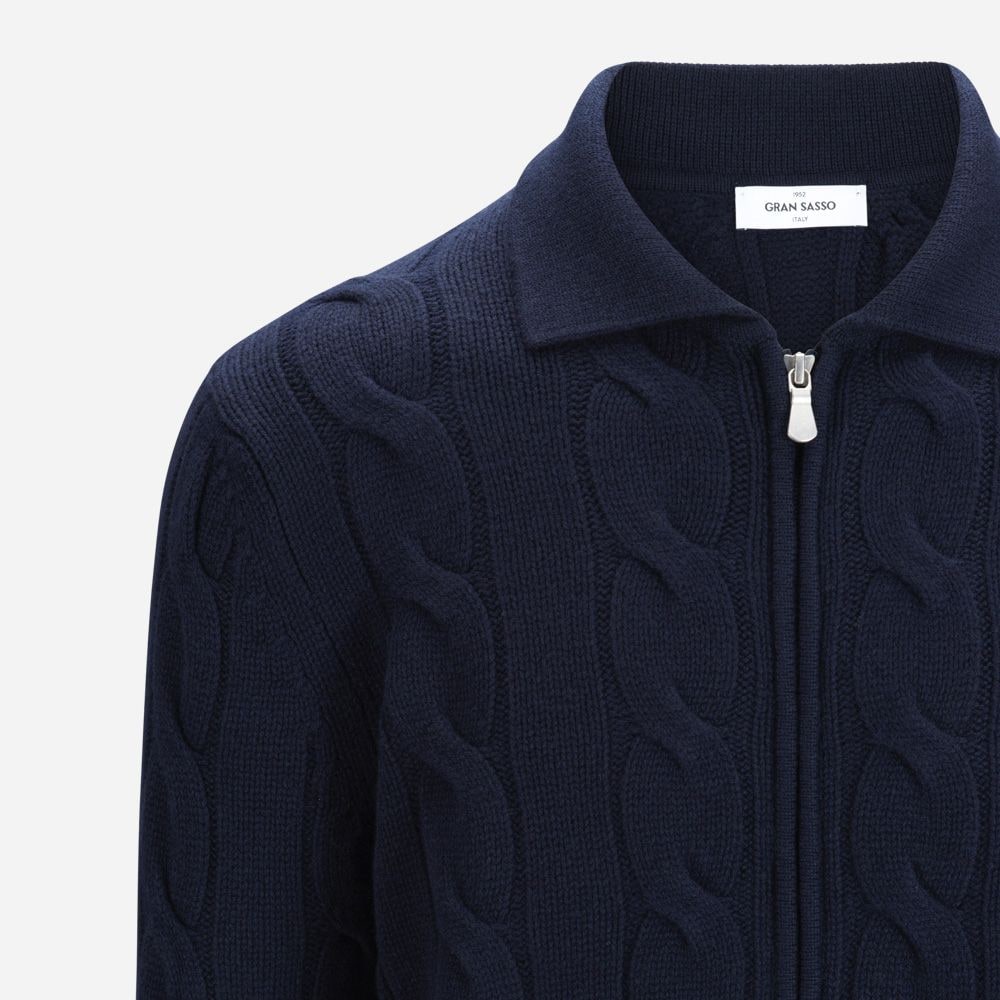 Full Zip Cabel Jacket With Collar Wool-Cashmere - Navy