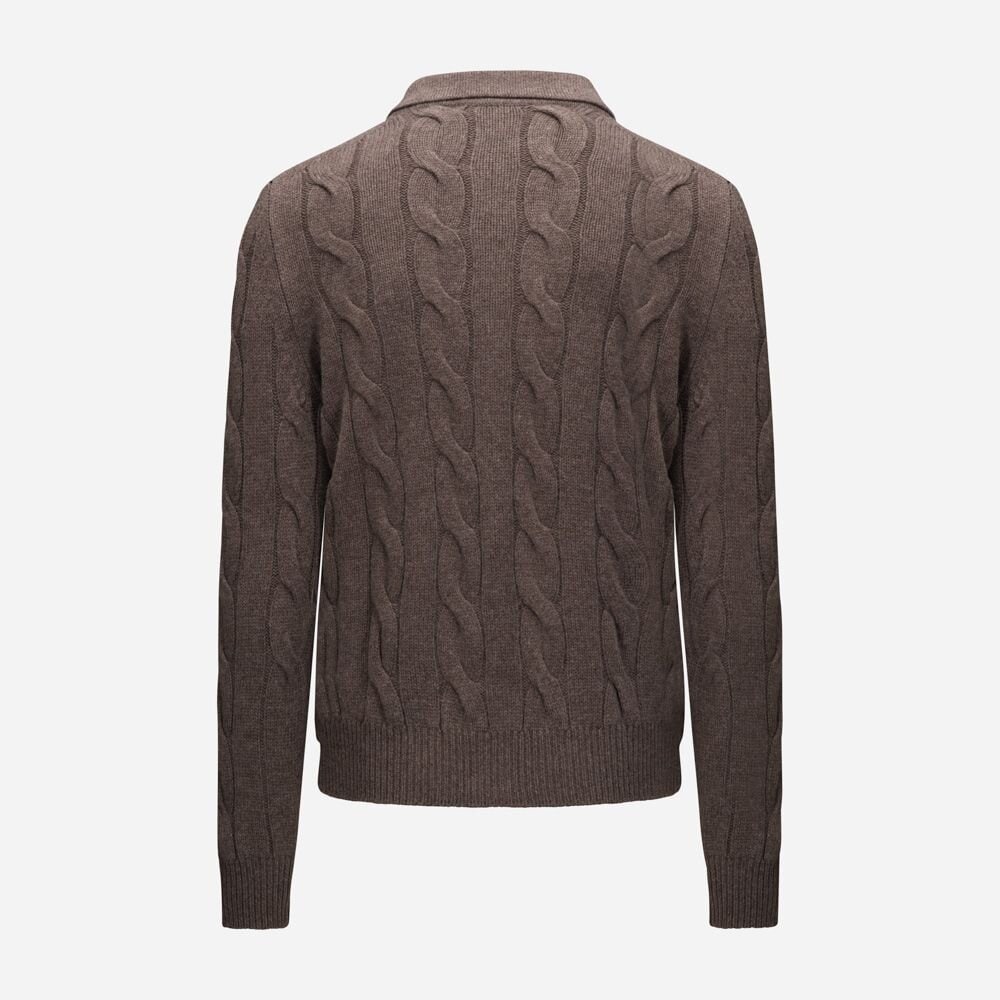 Full Zip Cabel Jacket With Collar Wool-Cashmere - Brown