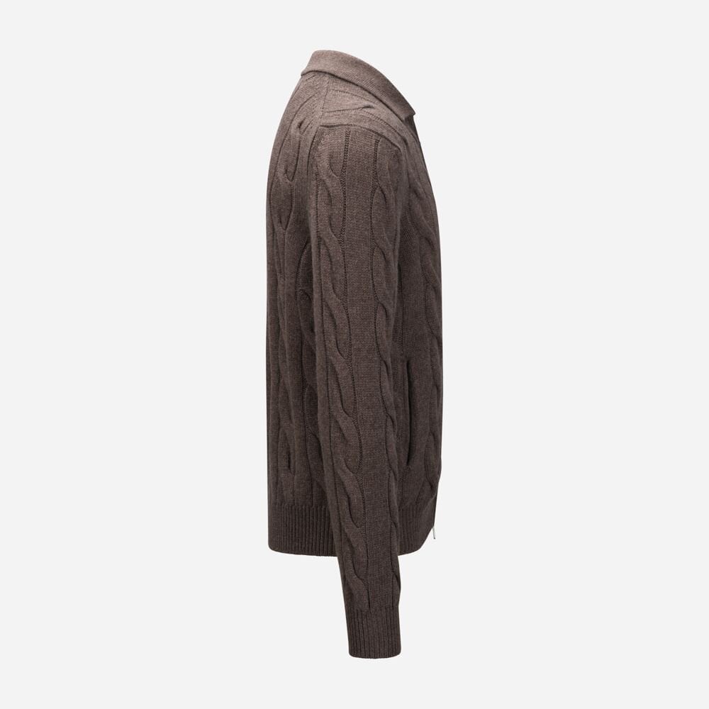 Full Zip Cabel Jacket With Collar Wool-Cashmere - Brown