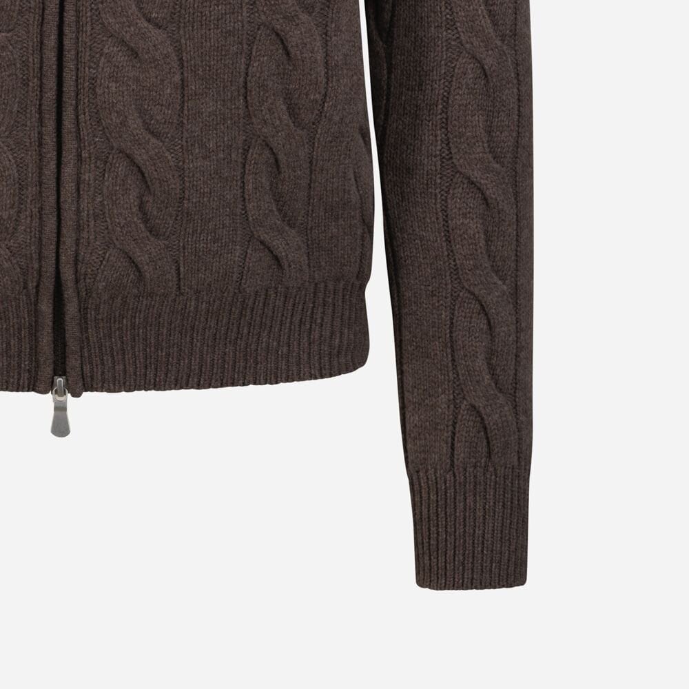 Full Zip Cabel Jacket With Collar Wool-Cashmere - Brown